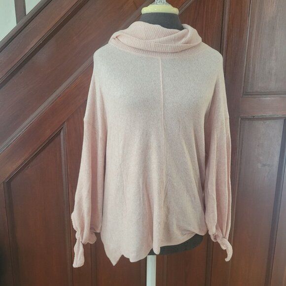 Saturday Sunday Soft Pink Cowl Neck Sweater With Tie Sleeve Details & Ribbed Tri - Picture 1 of 5